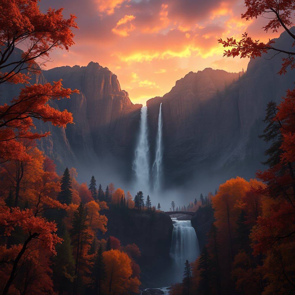Majestic Waterfall in Vibrant Fall Mountains