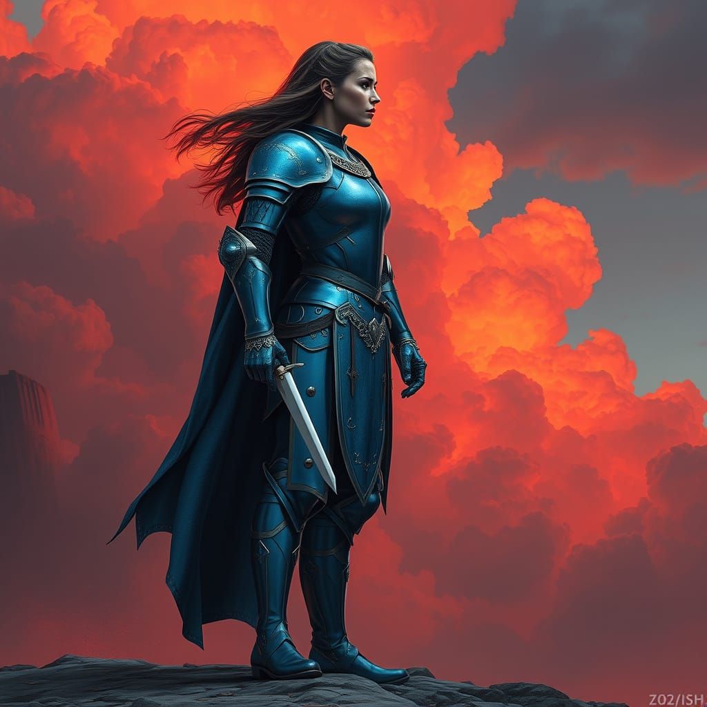 Regal Knight Woman in Shiny Blue Armor on a Fiery Red Backgr...