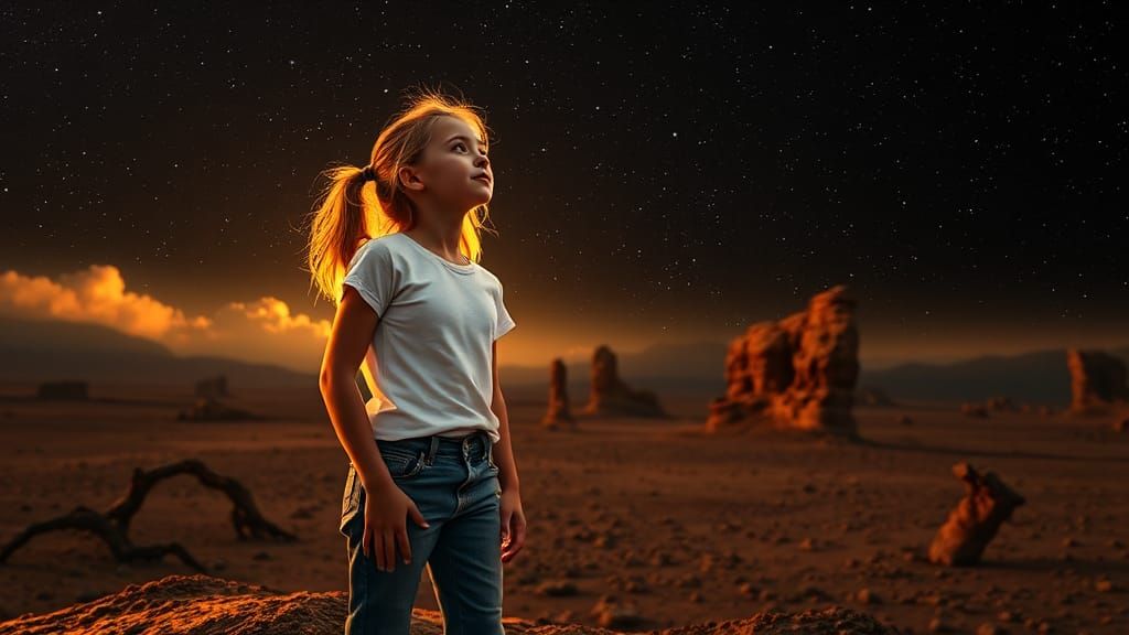 Girl Gazing at Stars on Alien Planet