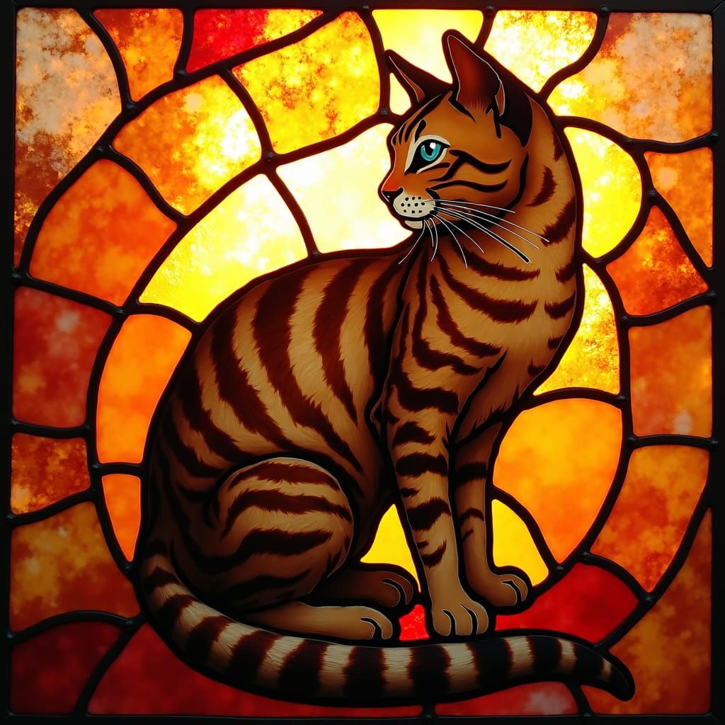 Bengal Cat in Amber Stained Glass