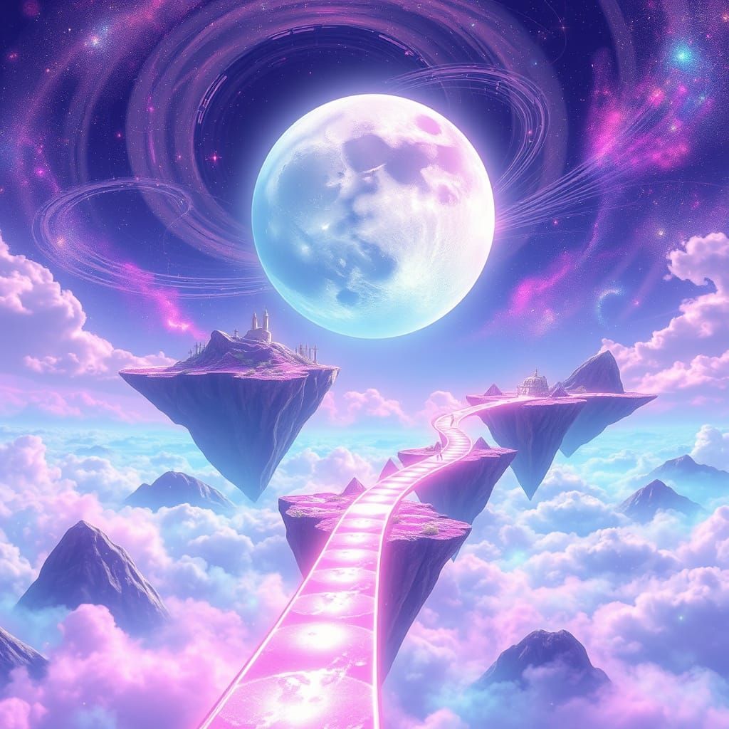 Ethereal Floating Islands With Cosmic Sky and Luminous Moon