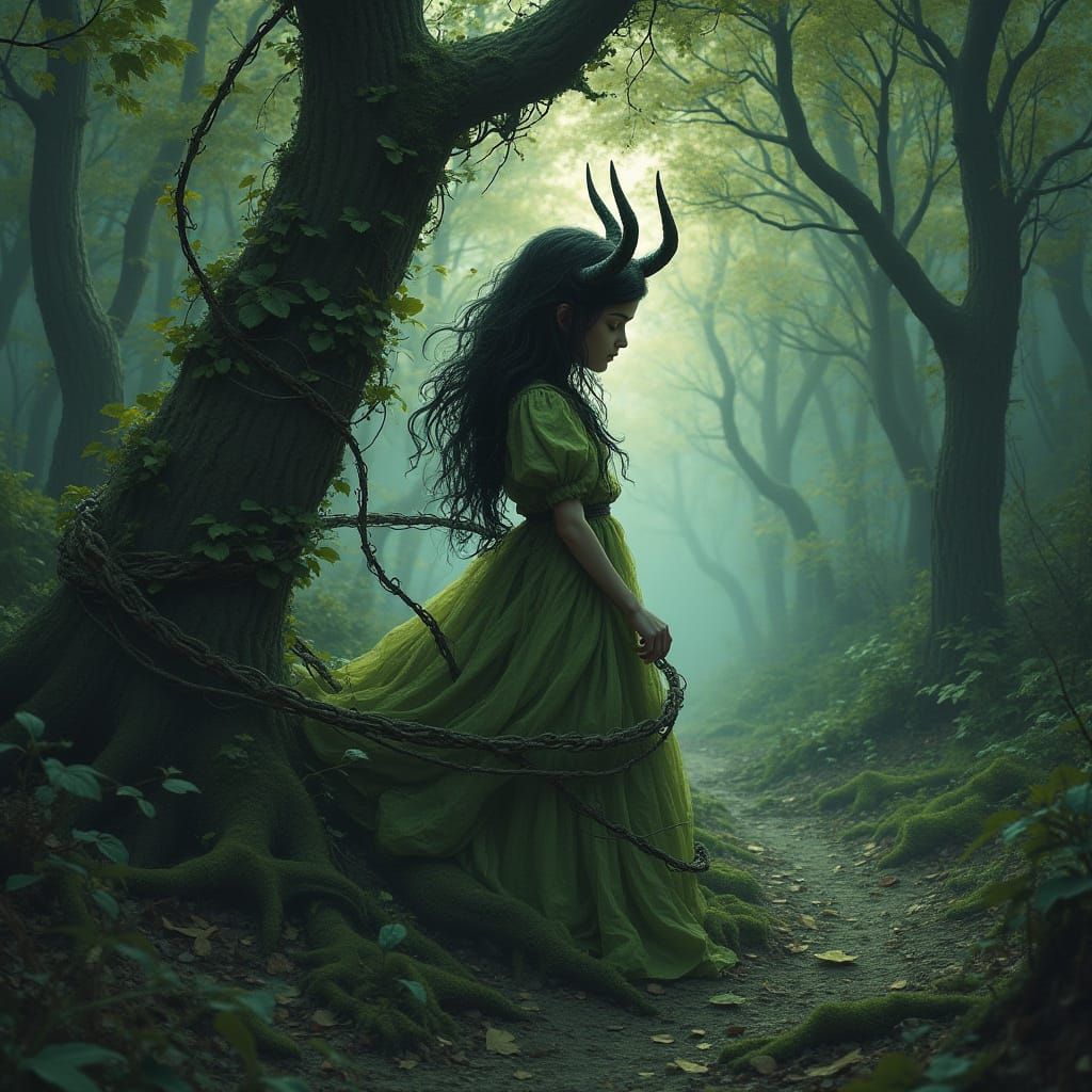 Girl Entwined in Vine in Dark Fantasy Forest