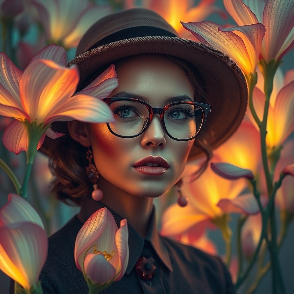 Dreamlike Portrait with Luminous Flowers in Surreal Style