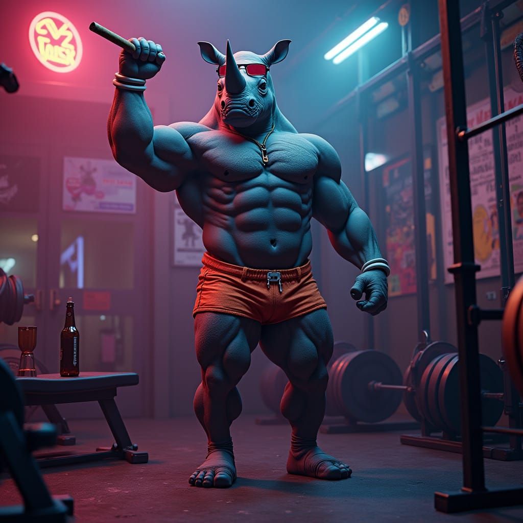 Rhino Bodybuilder Smokes Cigar and Drinks Beer in Neon Gym