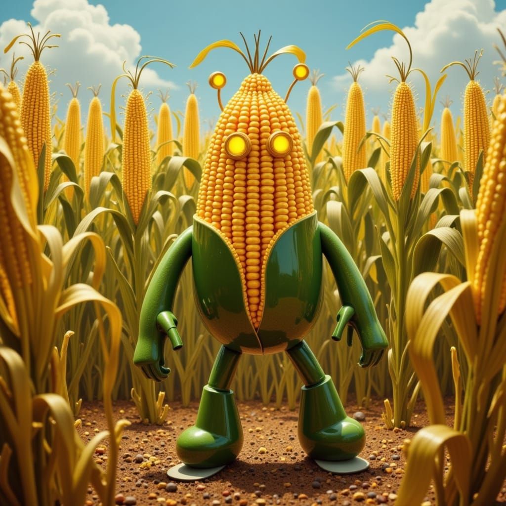 Whimsical Corn Cob Robot in Field