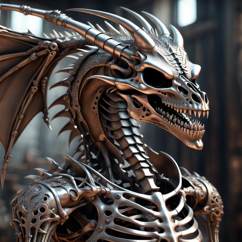 Futuristic Metal Skeleton Dragon Sculpture