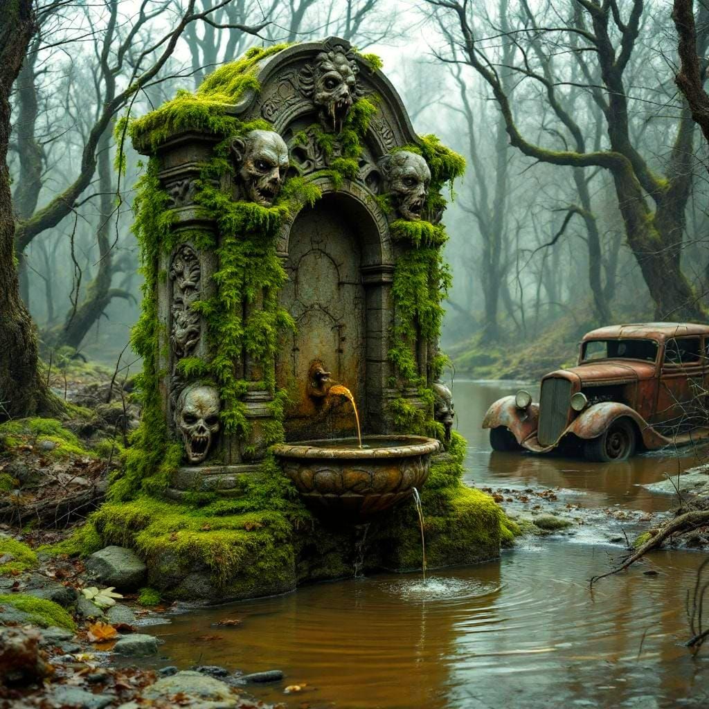 Apocalyptic Forest: Decaying Fountain and Rusted Ford