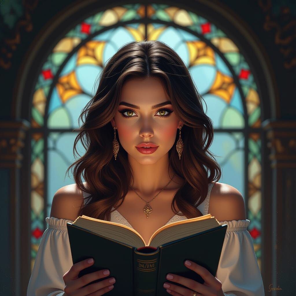 Woman Reading Book with Stained Glass Window