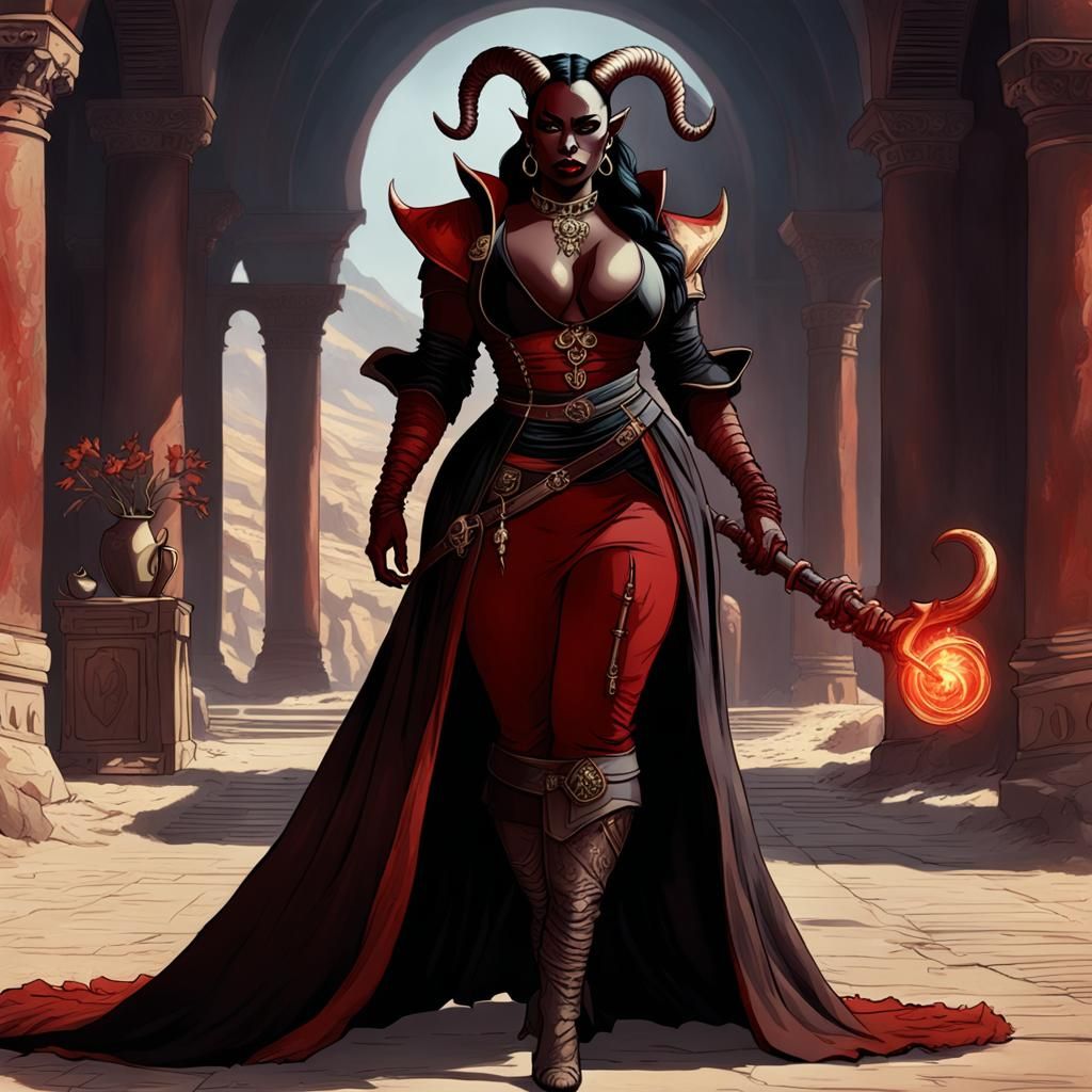 Tiefling Woman with Horns and Red Skin