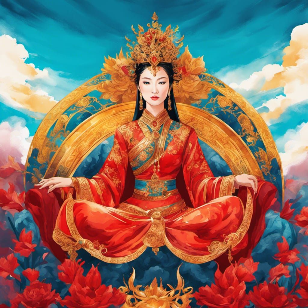 Beautiful Asian Queen on Throne in Ink and Watercolor