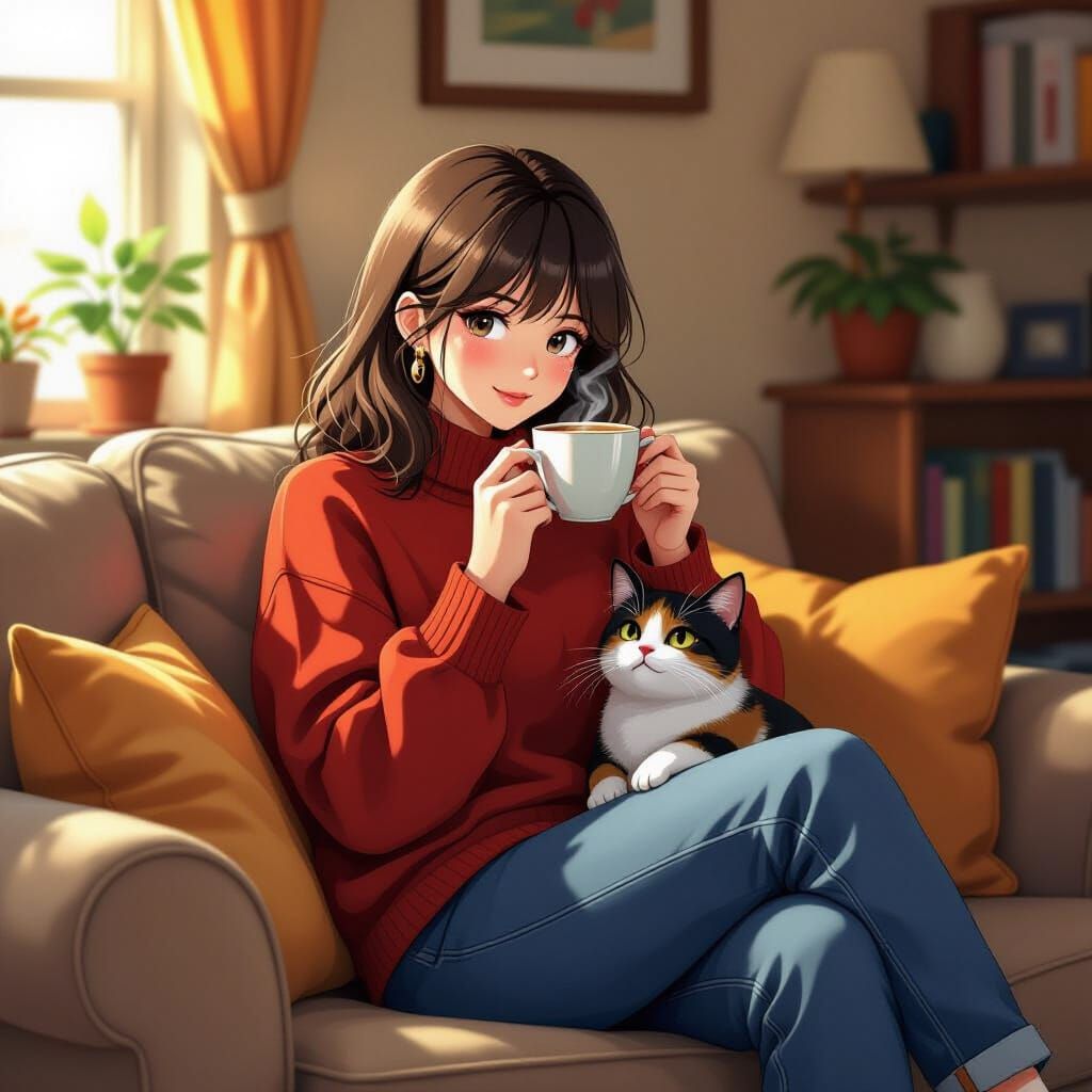 Woman with Cat Enjoying Tea, Studio Trigger Style
