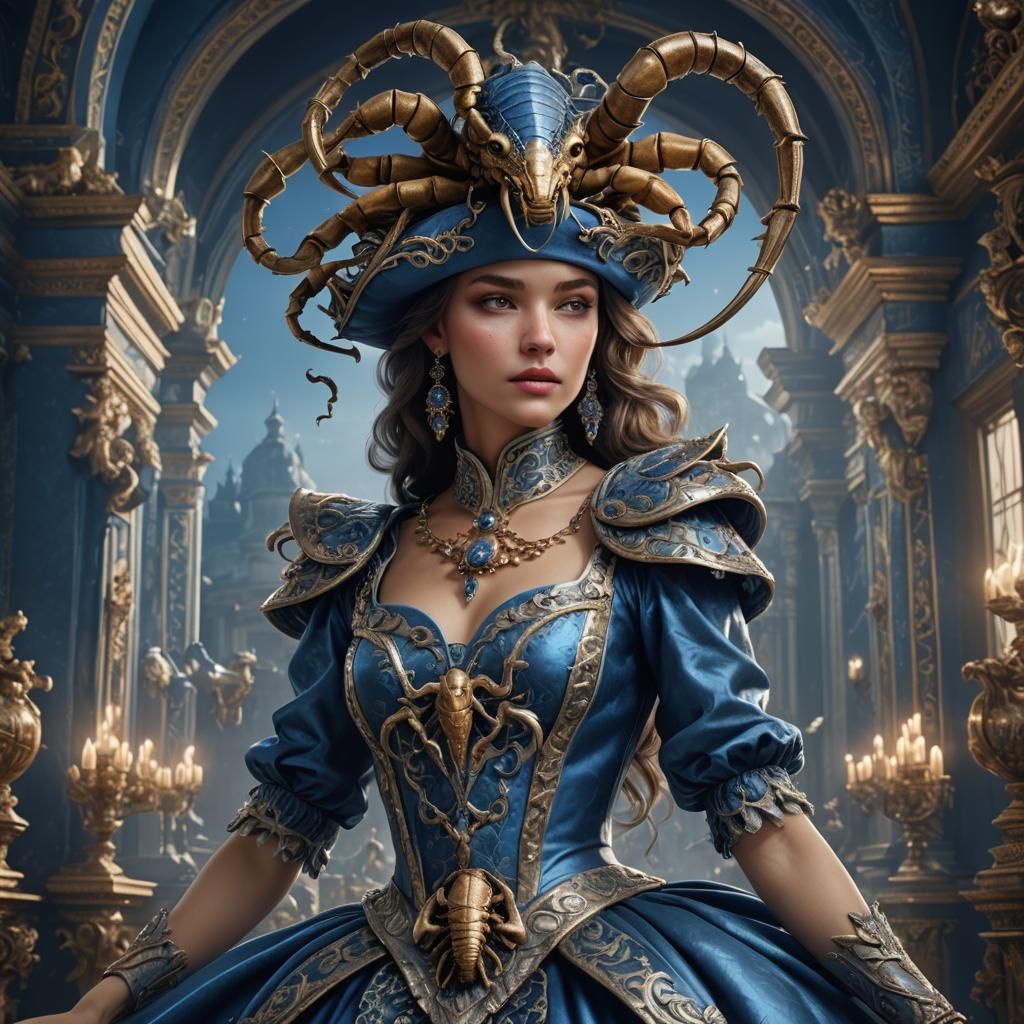 Baroque Princess with Scorpion Hat, Detailed Digital Paintin...