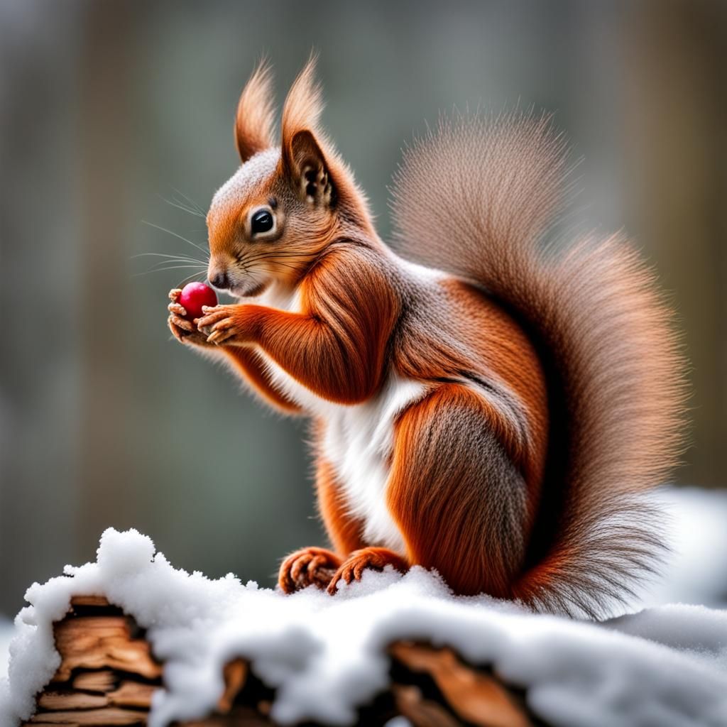 Red Squirrel with Holly on Snowy Log