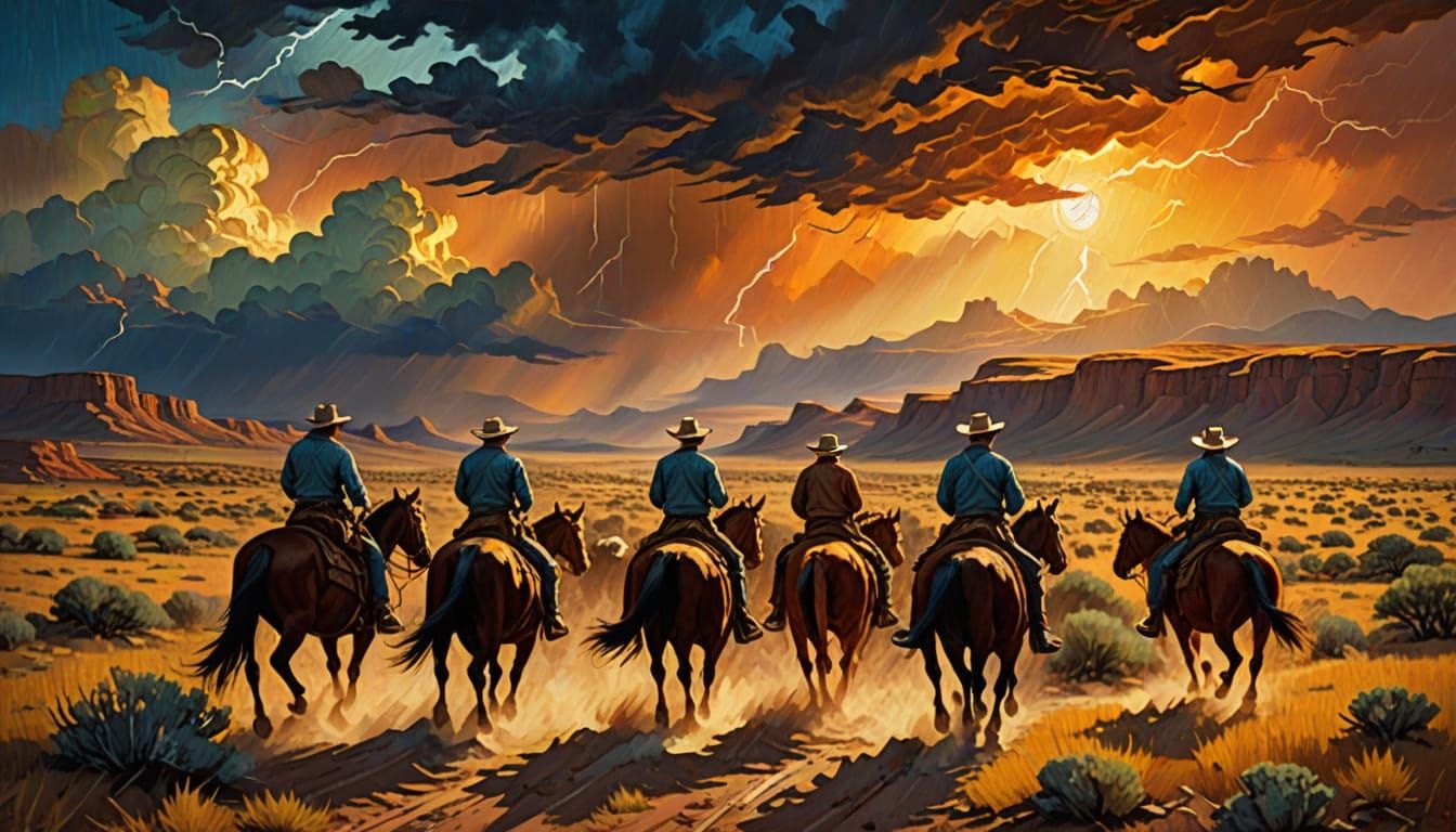 Dramatic Western Cattle Drive: Aztec-Inspired Oil Painting