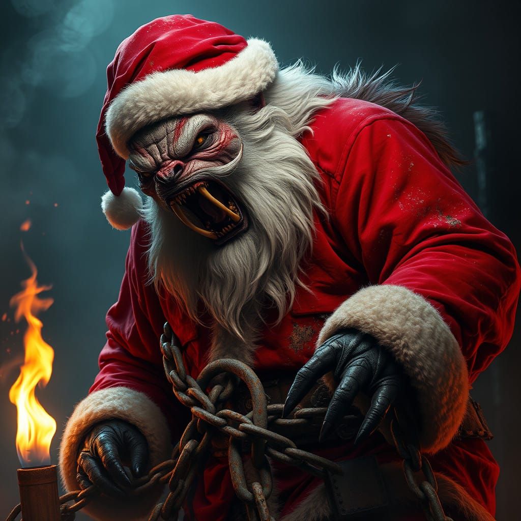 Grotesque Merger of Claus and Werewolf in Shackles