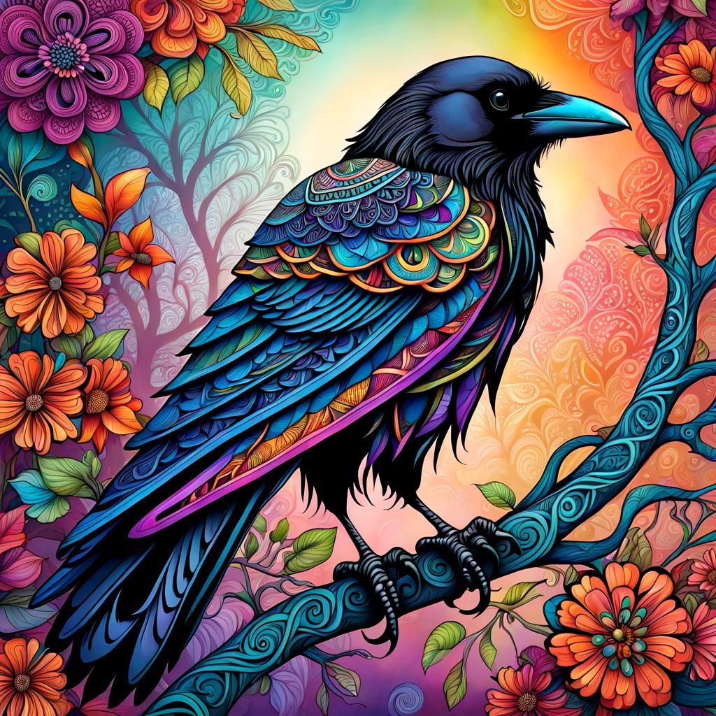 Colorful Crow on Branch with Zentangle Background