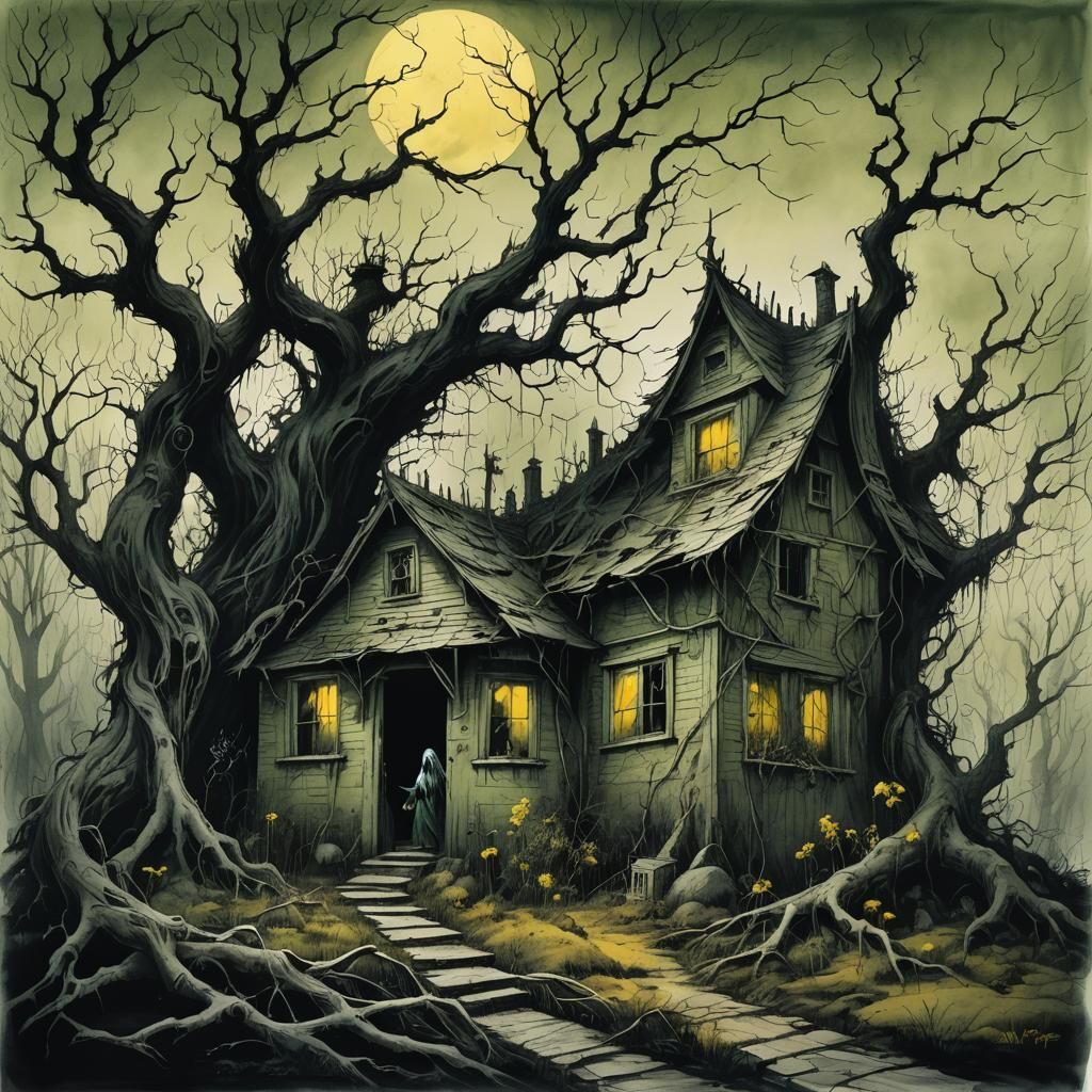 Eerie Witch Cottage in Dark Surrealist Style