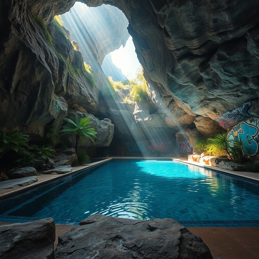 Luxurious Cave Oasis in Vibrant Street Art Style