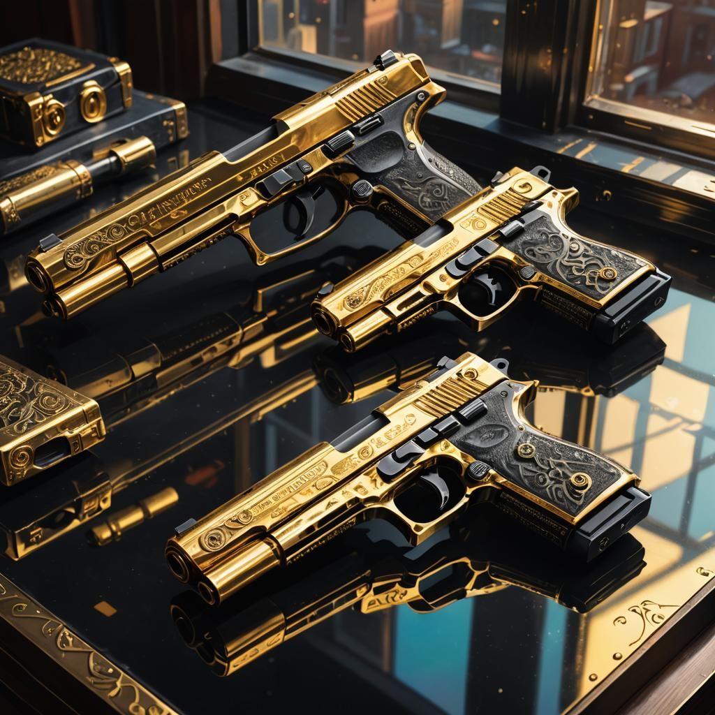 Reflective Metal Pistols with Intricate Engravings