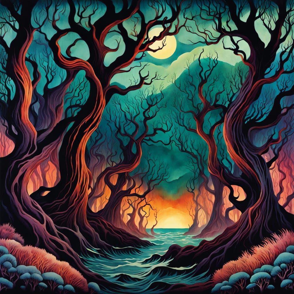 Vibrant Dark Watercolor Illustration of Twisted Trees