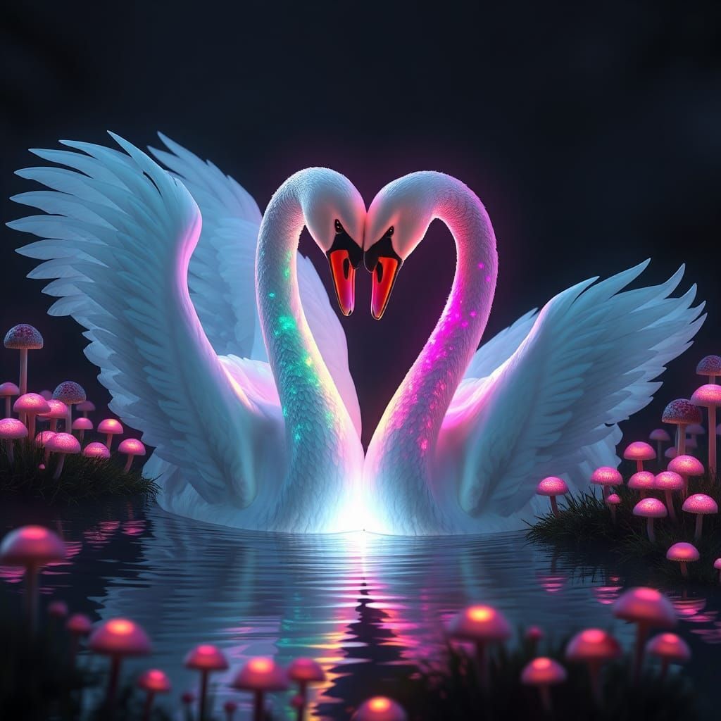 Rainbow Swans Heart in Glowing Mushroom Landscape