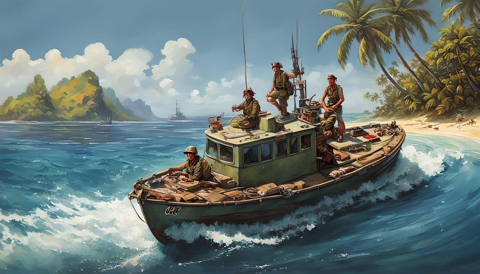 Vintage WW2 Patrol Boat near Pacific Island