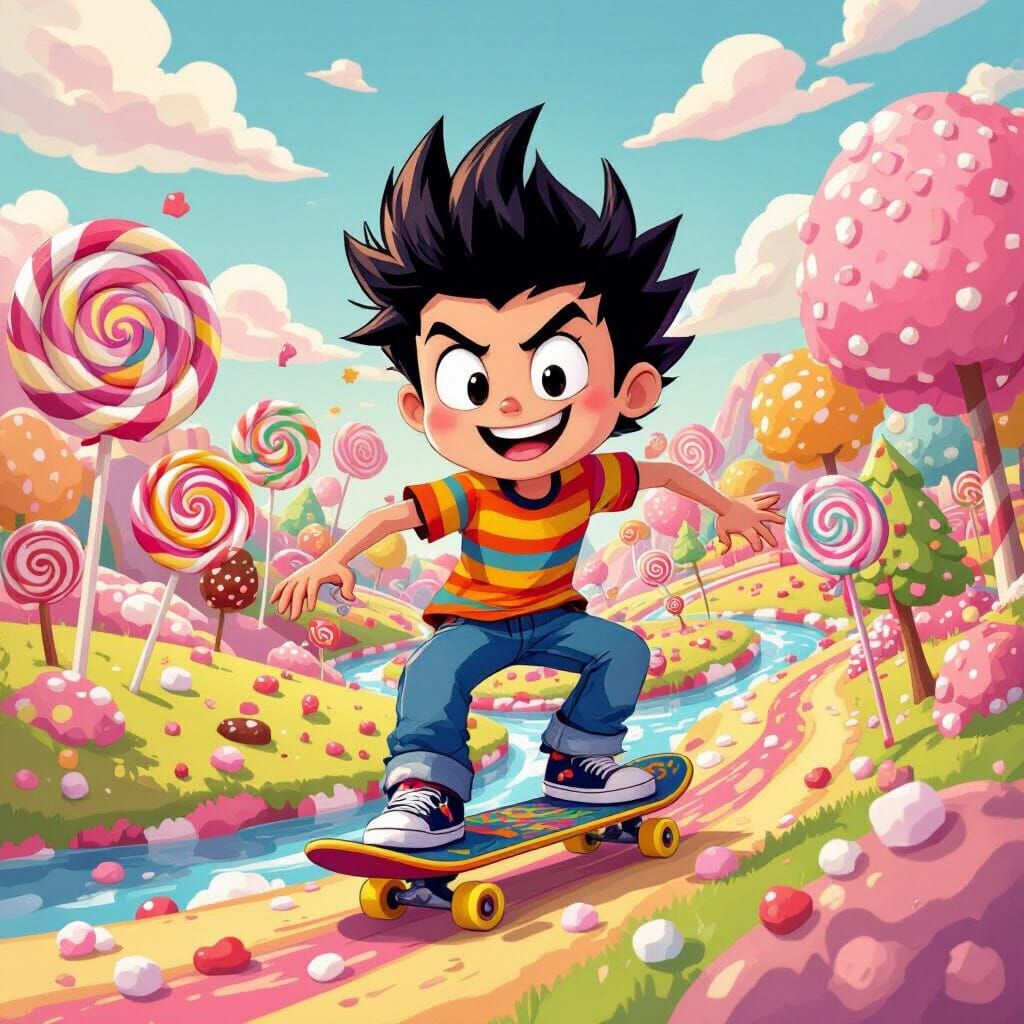 Cartoon Boy Skateboarding in Candy Land