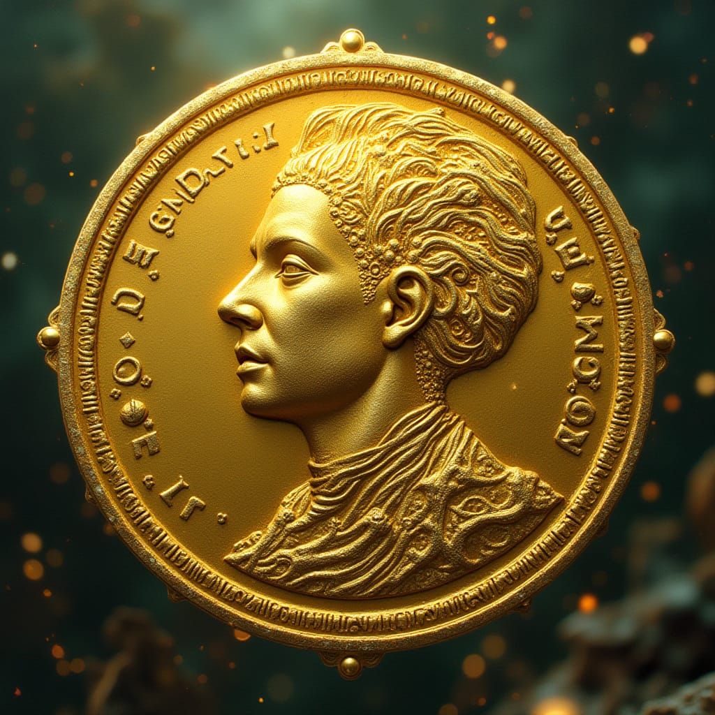 Golden Coin Shimmers with Ancient Sci-Fi Details