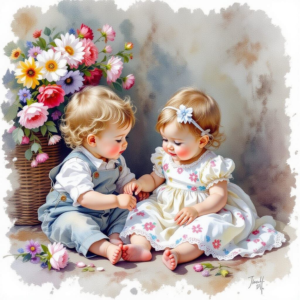 Ethereal Watercolour of Siblings Playing Dress Up