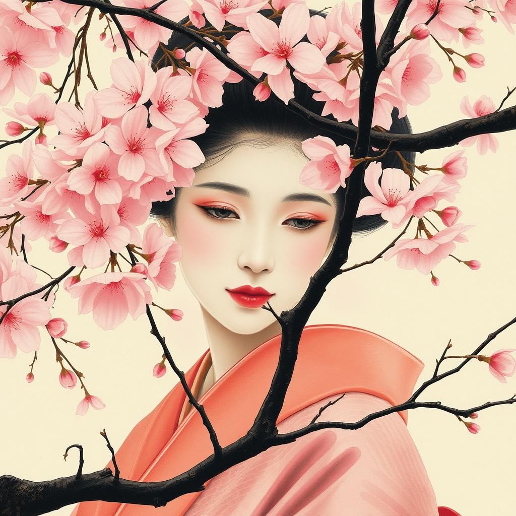 Geisha with Cherry Blossoms in Japanese Style