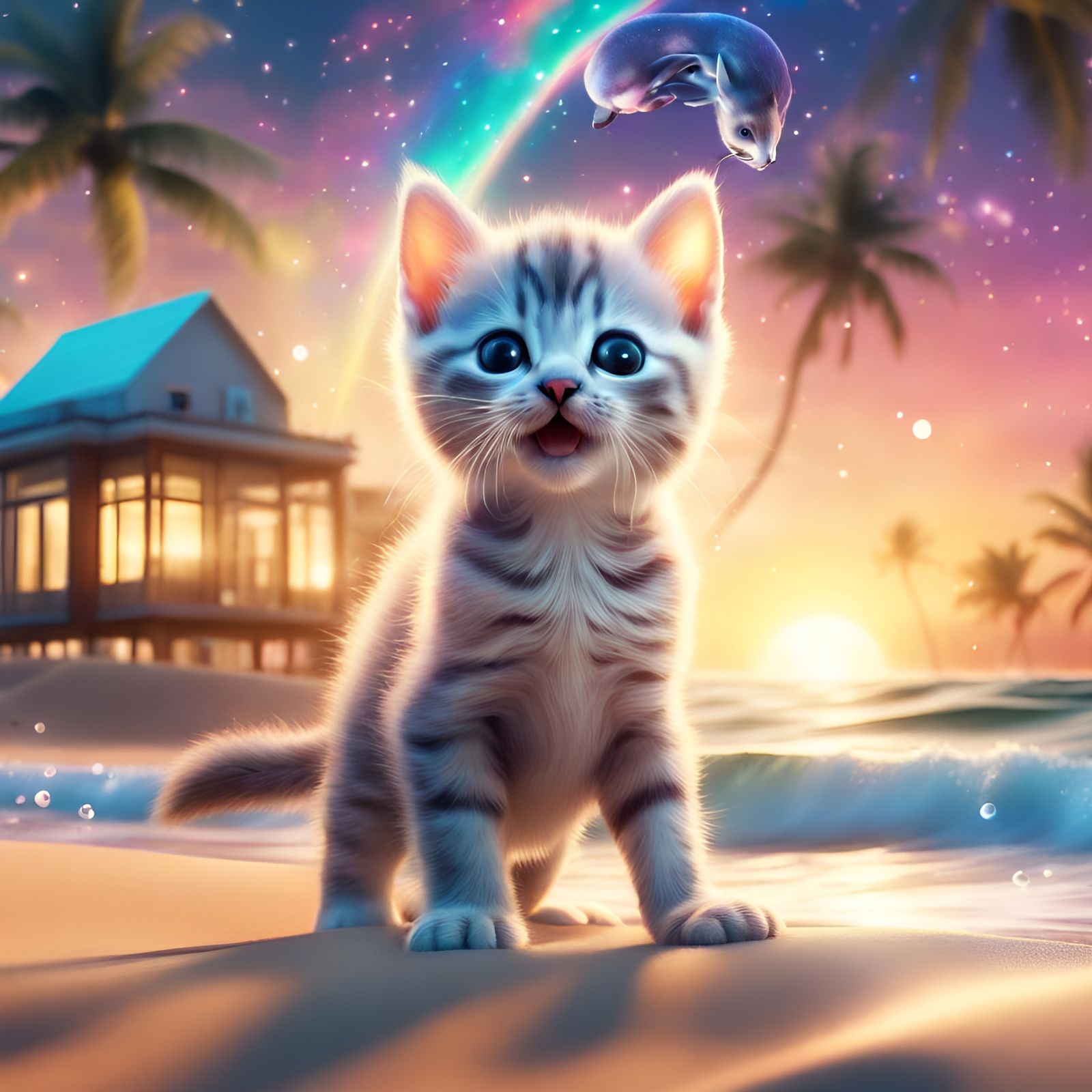Way To Stunning Kitten Sitting On Beach With Dolphin In The Background