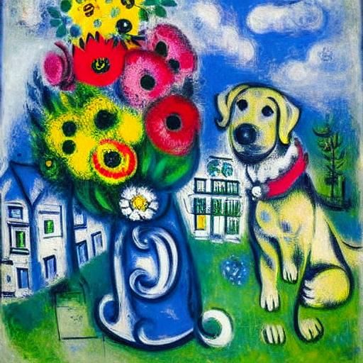 Dog with Flowers in Chagall and Monet Street Art