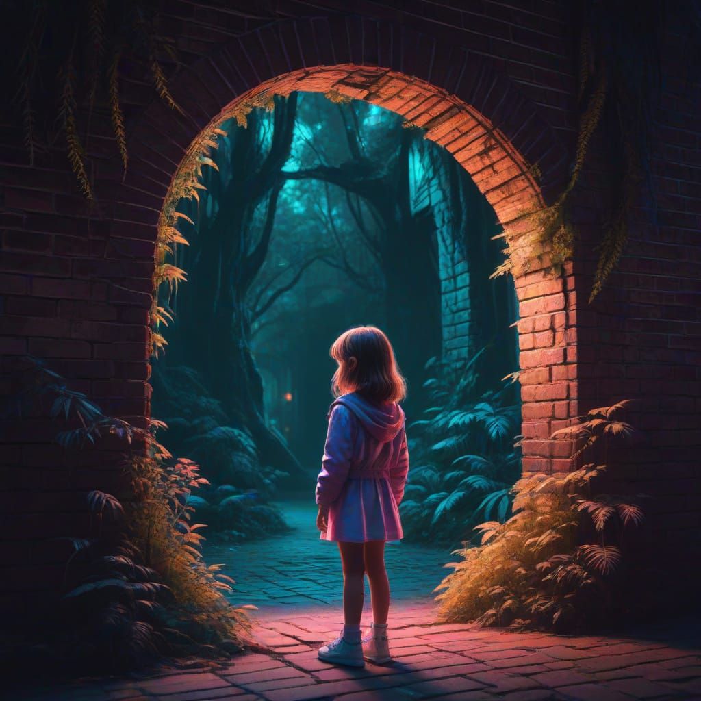 Girl Discovers Mythical Forest Portal on City Brick Wall