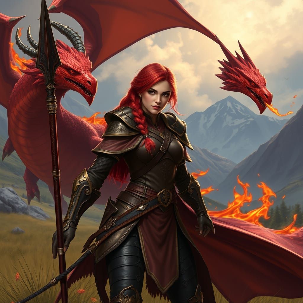 Commander Seraya and Dragon Pyrrhion in Landscape