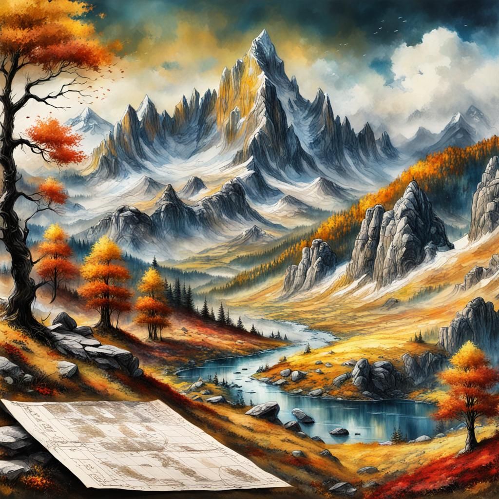 Alpine Autumn Landscape on Vintage Accounting Sheet