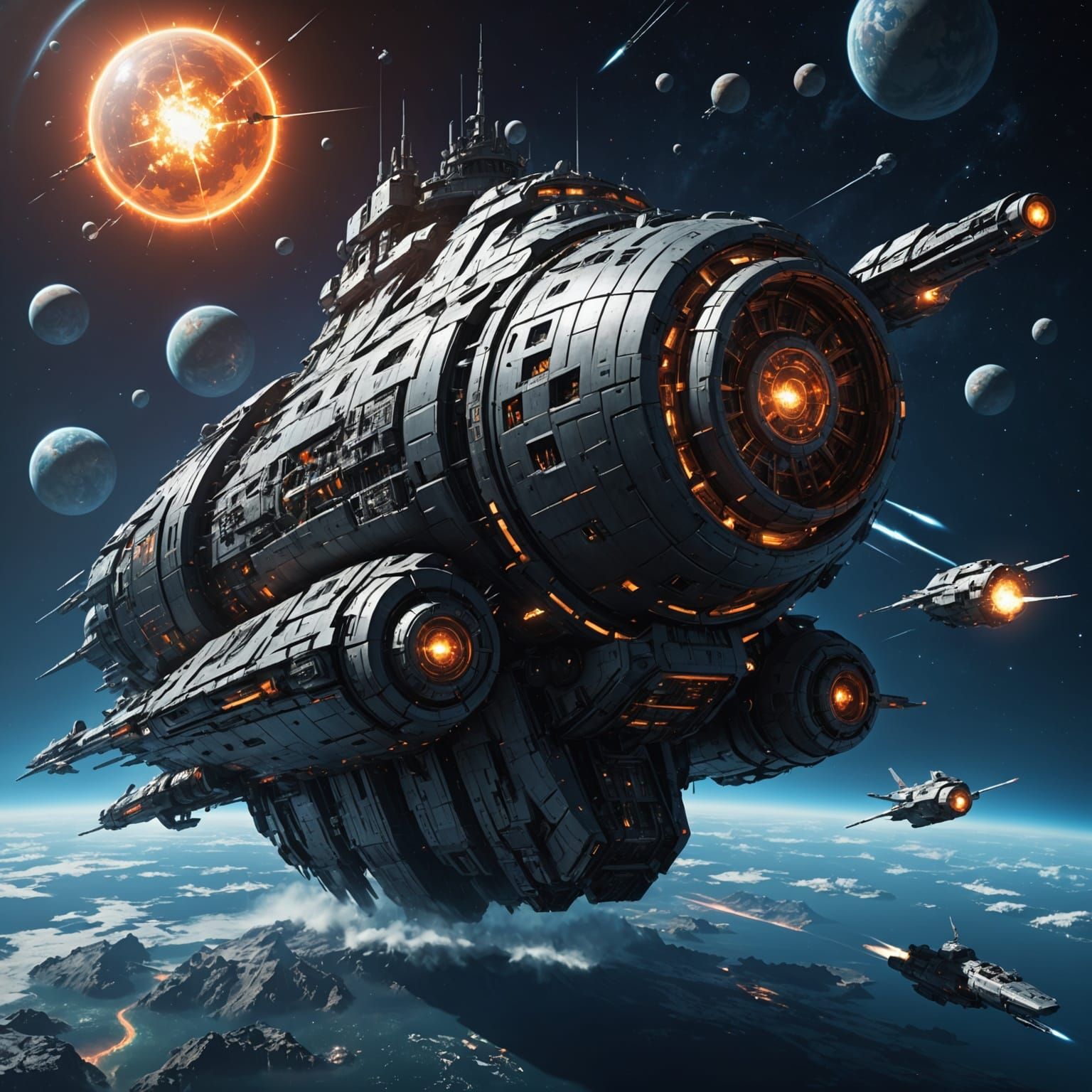 Epic Cyberpunk Space Cruiser in Dark Fantasy Aesthetic