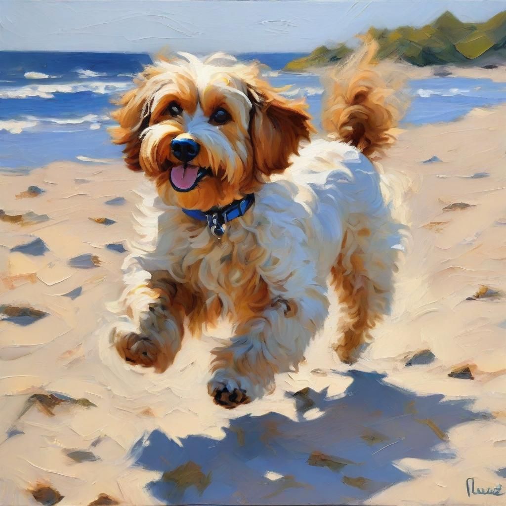 Cavapoo Running on Beach as Impressionist Oil Painting