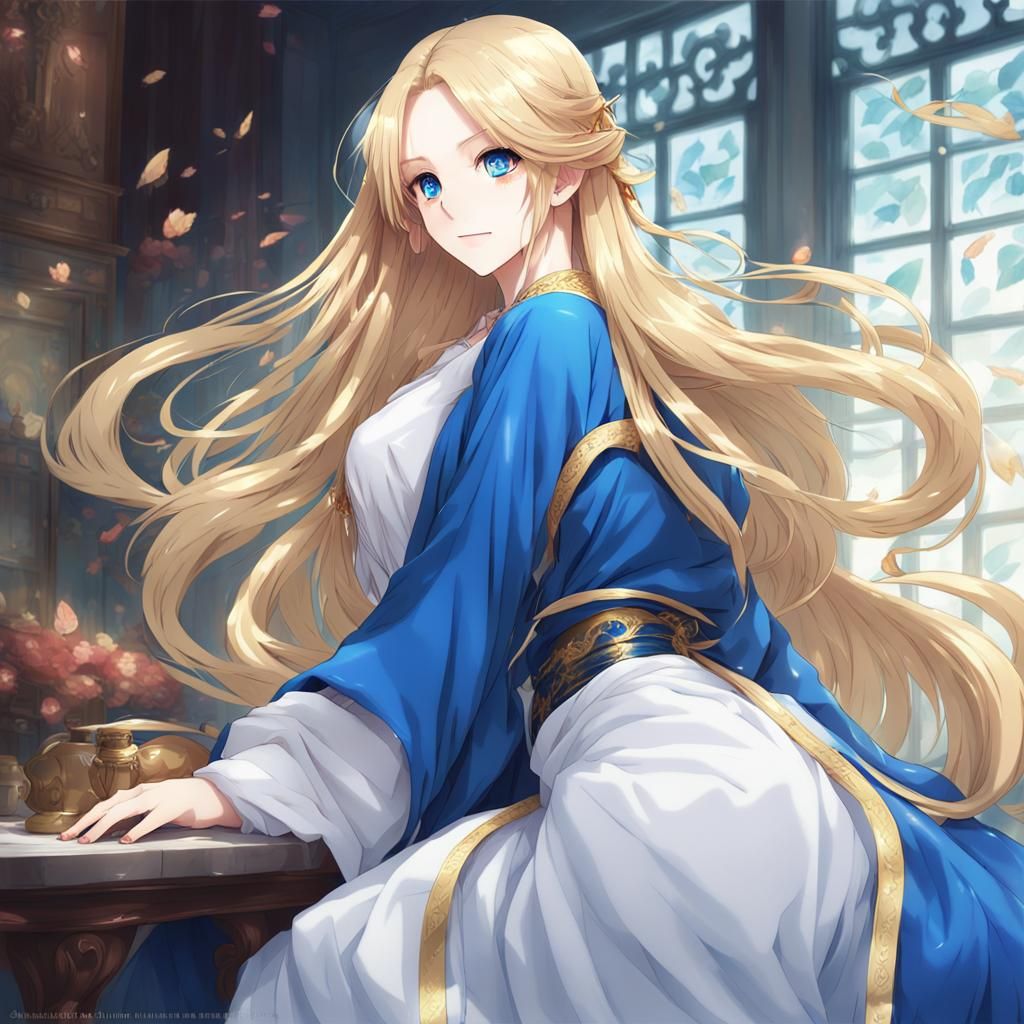 Voluptuous Blonde Woman in Anime Key Visual Style