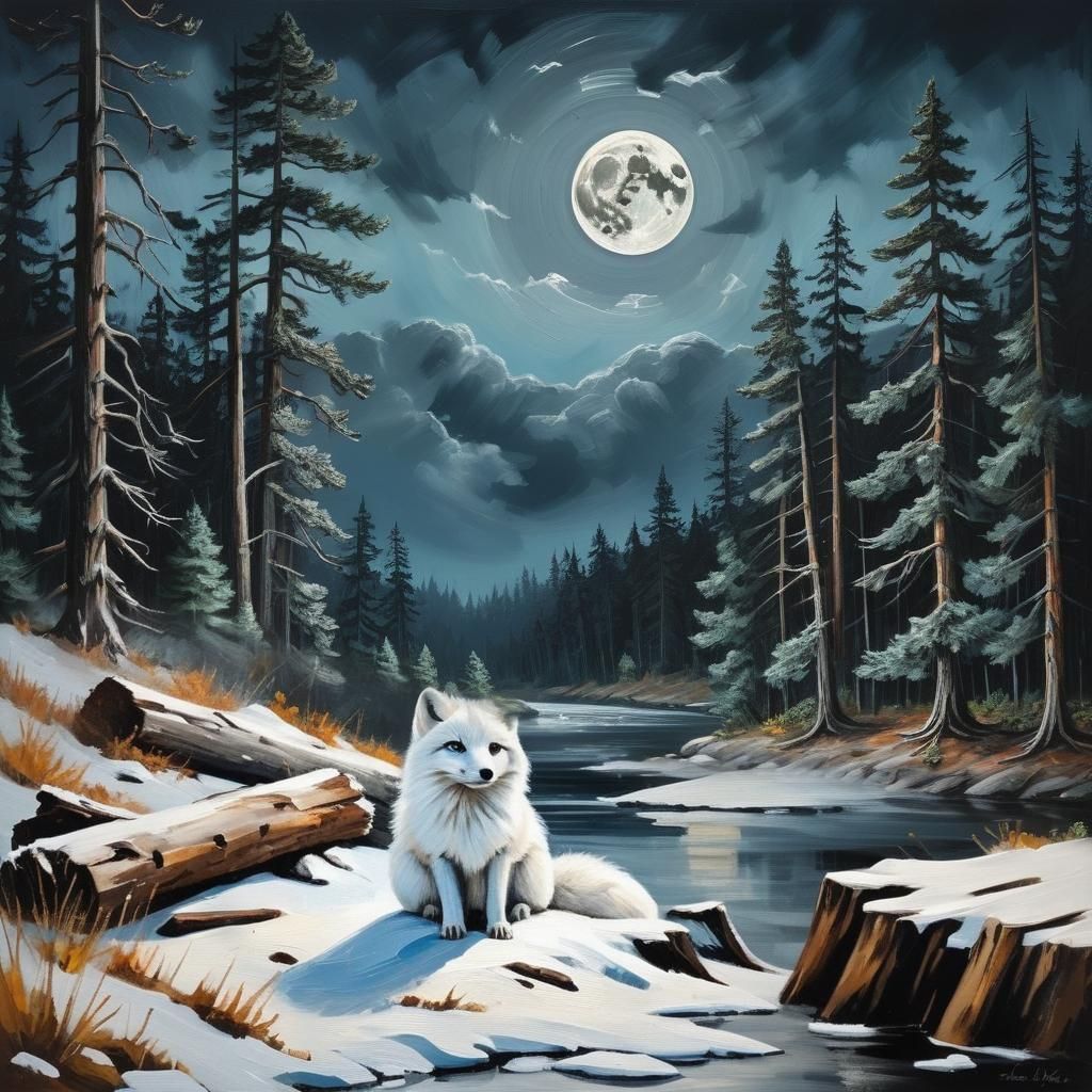 River in Forest with Full Moon as Impasto Painting