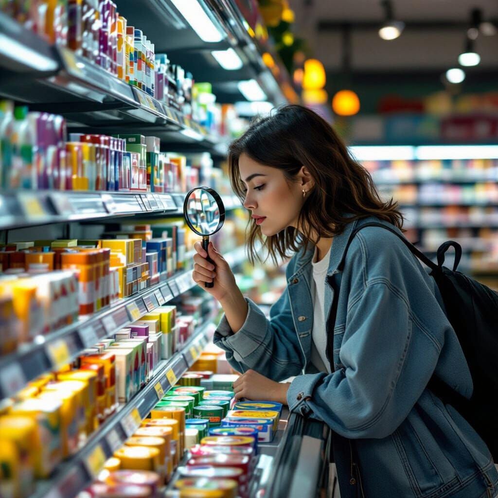 Woman Examines Products with Magnifying Glass on Vibrant She...