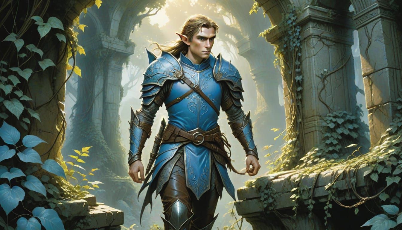 Elf Explorer in Overgrown Ruin with Mystical Artifact
