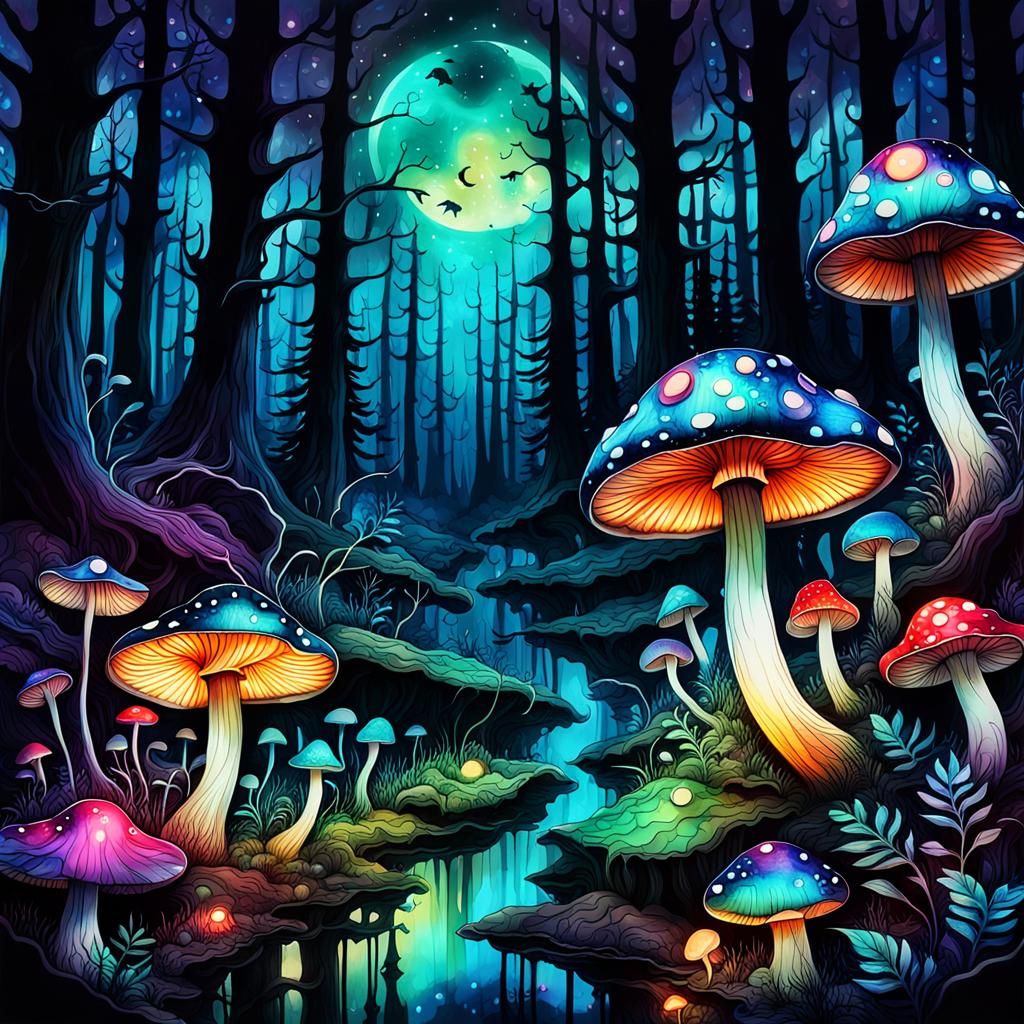 Psychedelic Mushrooms Overgrow Forest in Alcohol Ink Style
