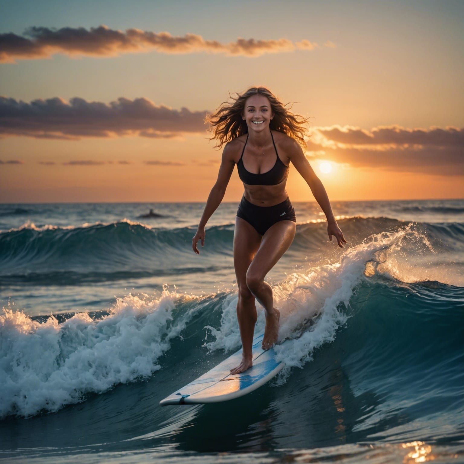 Sunset Surf with Dolphins in Hyperreal Detail