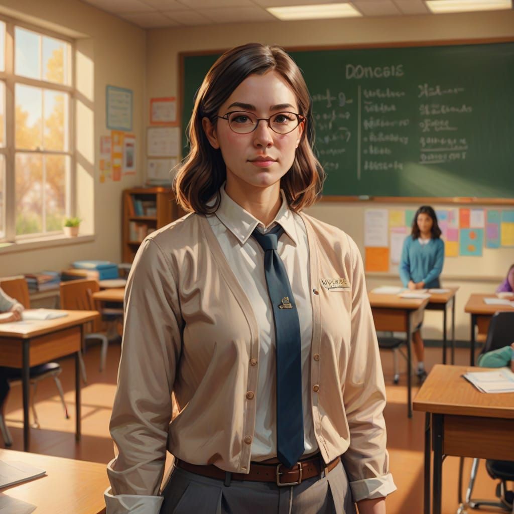 A Beautiful Teacher in a Pastel Classroom