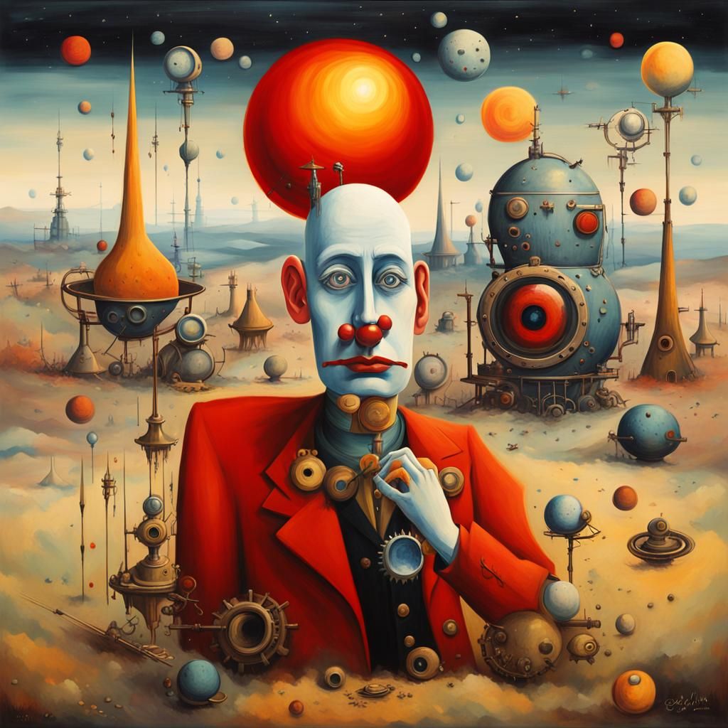 Surreal Clown and Steampunk TV Woman in Cosmic Scene