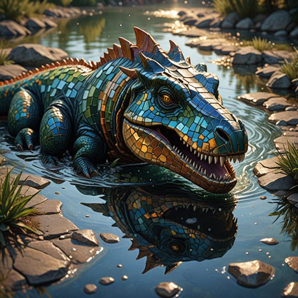 Byzantine-Style Mosaic Dinosaur in Riverine Splendor