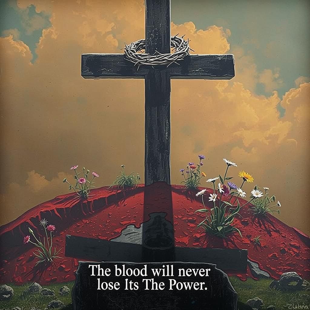 On a bright sunny day. An empty blood soaked cross sits on a hill. A crown of thorns hangs on the top. The ground is soa...