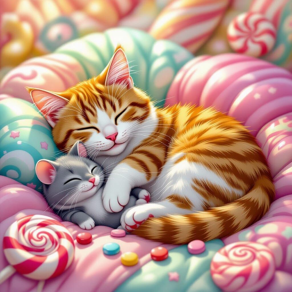 Whimsical Cat and Mouse Cuddled in Candy Land