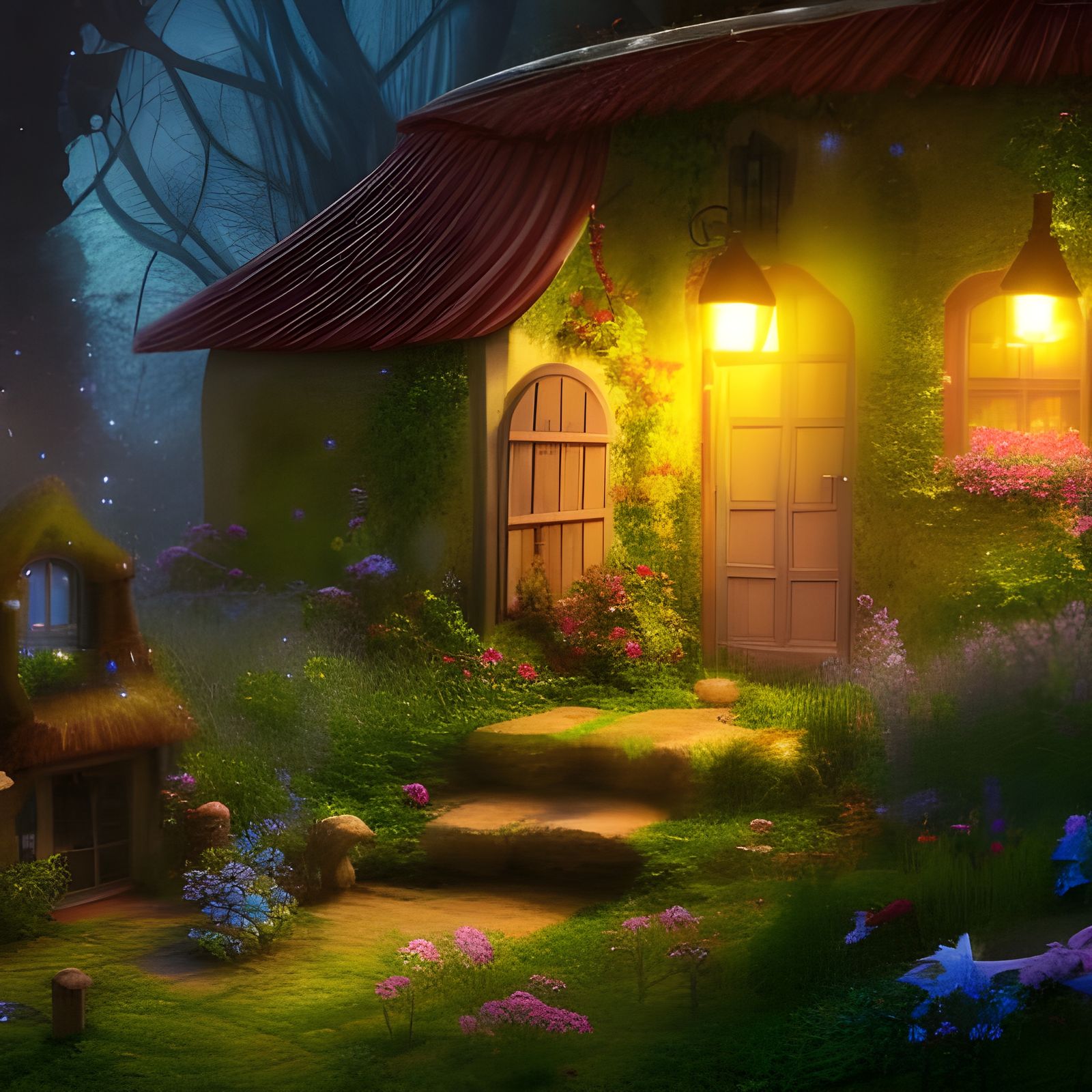 Enchanted Cottage in Starry Garden: Fantasy Concept Art
