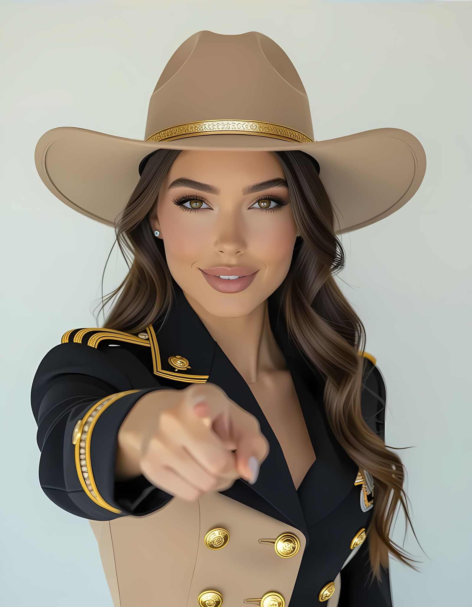 Elegant Woman in Majorette Uniform Points at Camera